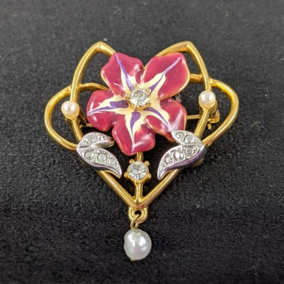 Joan Rivers Enameled Crystal & Pearl Floral Brooch